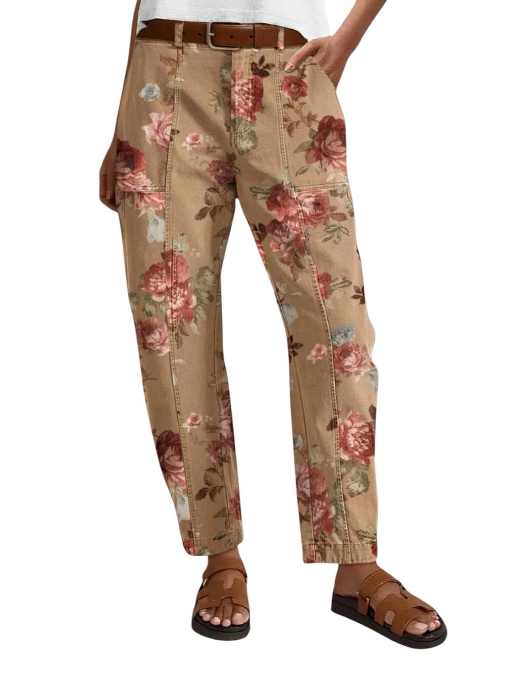 Flamingals Floral Print Seam Front Flap Pocket Barrel Leg Pants Size 2XL